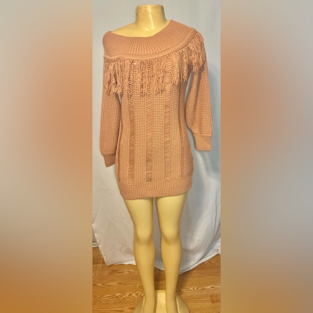 VENUS Off-the-Shoulder Fringe Sweater Dress